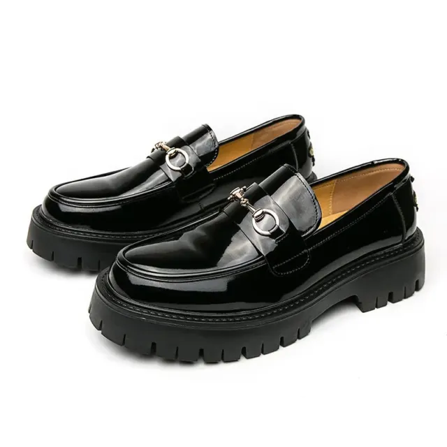 Men Patent Leather Formal Dress Loafers Shoes Round Toe Slip On Platform Shoes