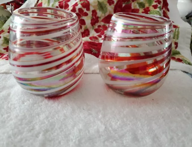 Pair Of Artisan Blown Red White Iridescent Swirl Stemless Wine Glasses Mexican