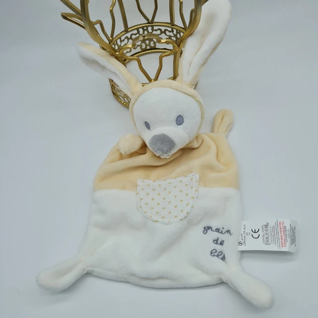 17 - Doudou Plat Lapin Jaune Blanc Etoile Etoile Poche Grain De Ble Gris Neuf