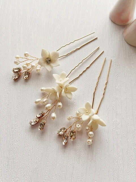 3PCS Set Wedding Porcelain Flower Bridal Bridesmaid Hair Pins Set - Austock