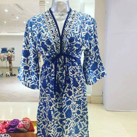 Women's Floral Blue White Silk Dress | Baby Doll Style | Midi Bridesmaid Outfit