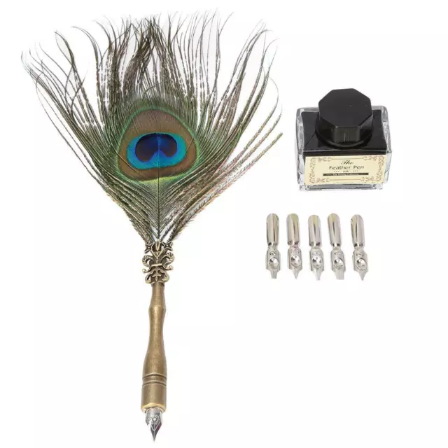 Calligraphy Peacock Feather Dip Quill Pen Writing Ink Bottle Set Accessories