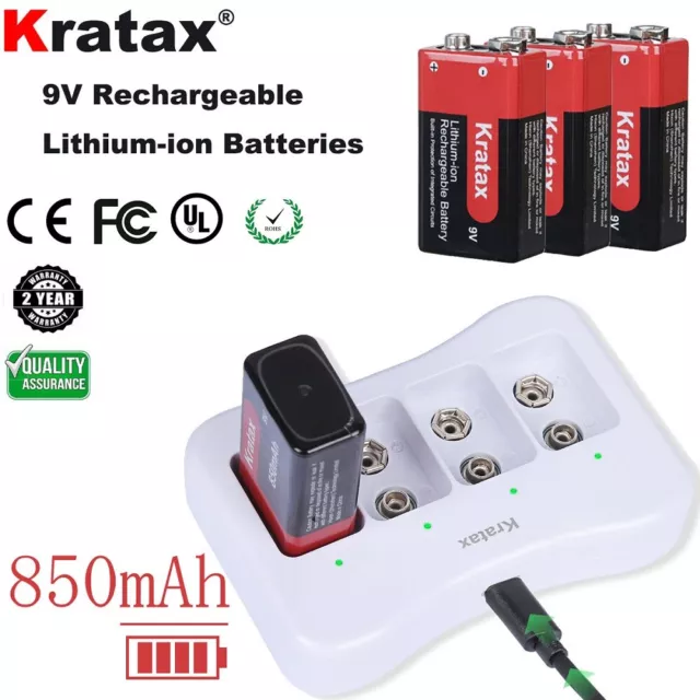 Kratax 9V Akku 850 mAh 6F22 Wiederaufladbare 9V Lithium Rauchmelder Batterien
