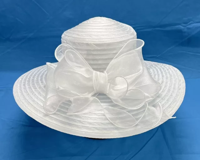 FORBUSITE White Organza BOW Wide Brim CHURCH DERBY WEDDING TEA PARTY Lady Hat