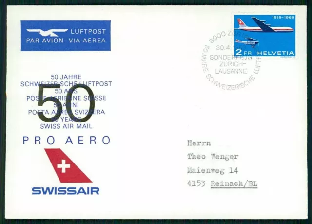 SCHWEIZ SONDERBRIEF 1969 PRO AERO SWISSAIR 50 JAHRE LUFTPOST FLUGZEUG PLANE ij56