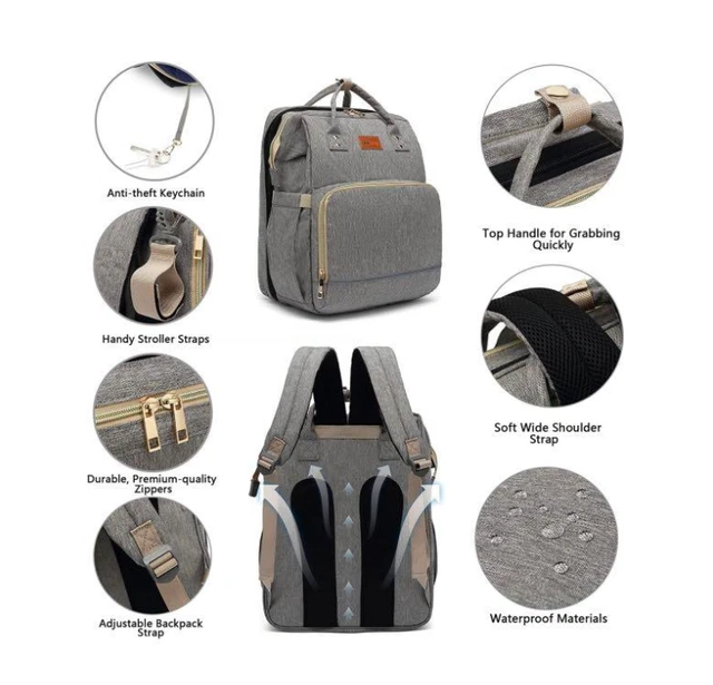 Wholesale Factory Price OEM Gray  Baby Diaper Bag Backpack with  Bassinet 3