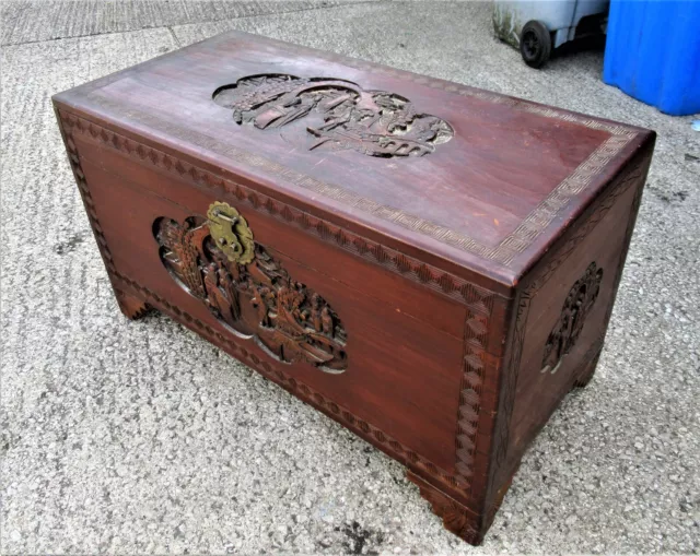 Antique Hand Carved Chinese Camphor Wood Trunk Blanket Box