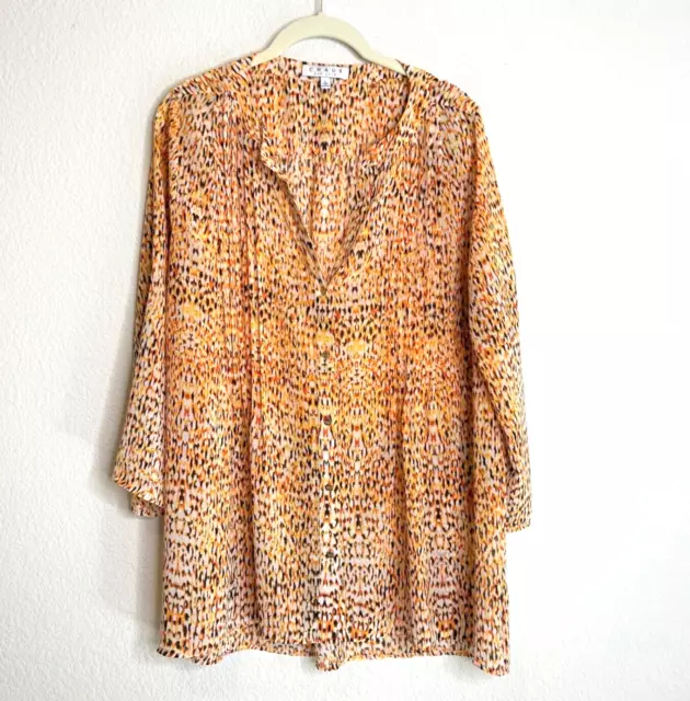 Chaus Womens Blouse Large Orange Brown Animal Print Semi-Sheer V-Neck Pintucked