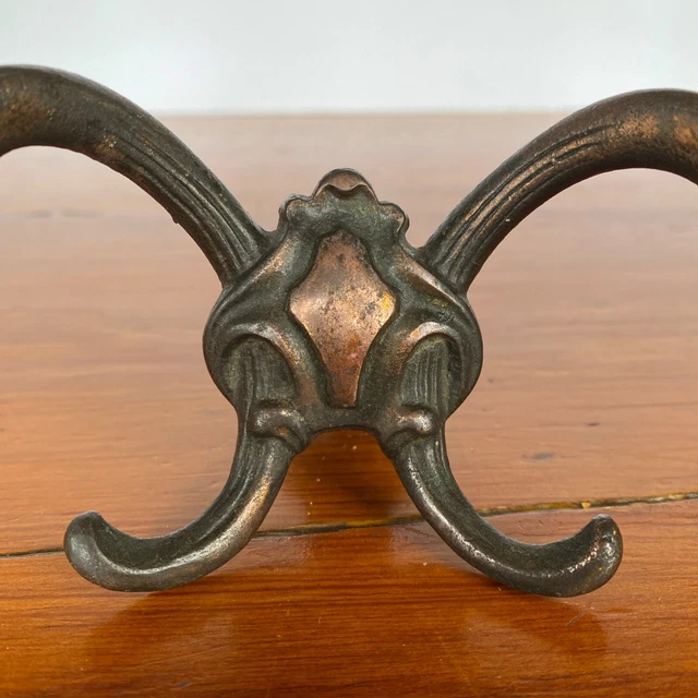 Antique Double Hall Tree Hook Coat Hat Rack Hanger Cast Iron Victorian Hardware 3