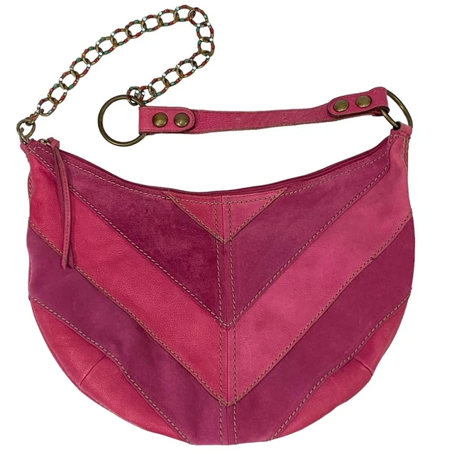 Fossil Pink Leather and Suede Large Hobo Shoulder Bag Chain Strap Boho Hippie