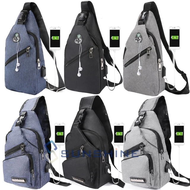 Men's Sling Backpack Waterproof Anti-theft Shoulder Crossbody Chest Bag USB Port