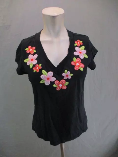 IE Relaxed Size M Women Black Short Sleeve Cotton Embroidered T-Shirt Top 1GR879