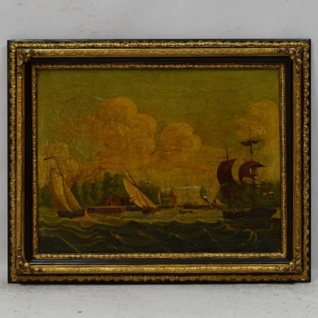 19ème siècle Peinture ancienne à l'huile Paysage avec des bateaux 74x60 cm