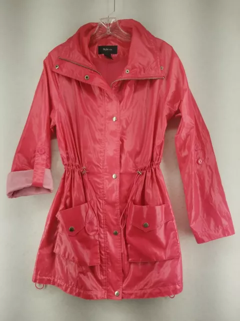 Style & Co Womens Rain Coat Red Small S Jacket Front Zip Drawstring Dual Pockets