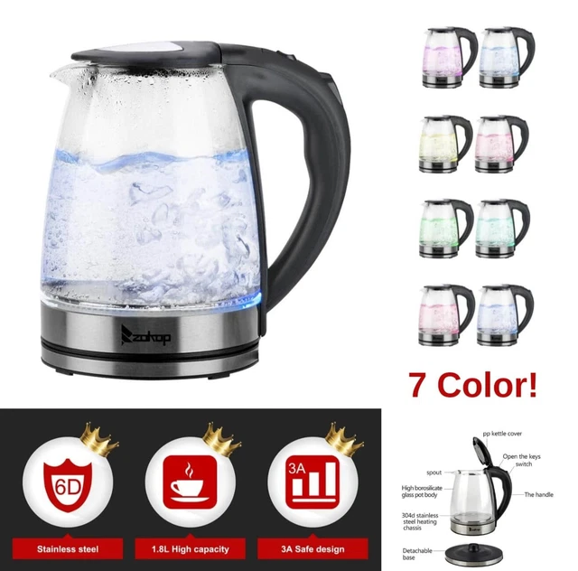 7.5-Cup Glass and Stainless Steel Electric Kettle Water Heater with 7-LED Lights