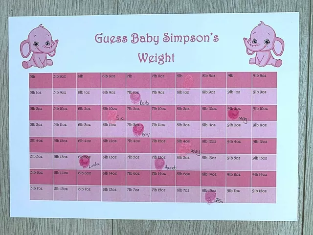 BABY SHOWER GAMES Guess Baby's Weight Personalised Game - with/without ink pad