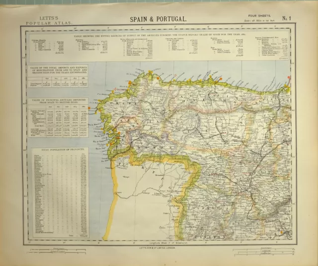 1882 Letts Map North West Spain Coruna Galicia Orense Lugo Salamanca Leon