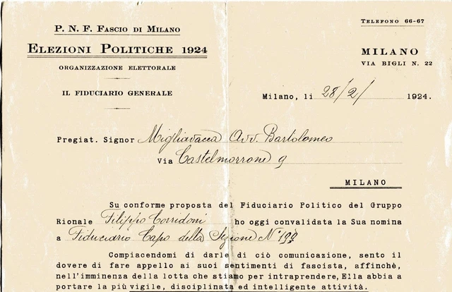 documento P.N.F. FASCIO DI MILANO - elezioni politiche del 1924 documento P.N.F. FASCIO DI MILANO - elezioni politiche del 1924