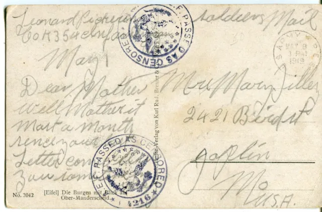 1919 USA Army MPES Cover to Mrs. Mary Gilles in Joplin MO on Germany postcard