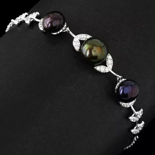 Designed 9Mm Tahitian Freshwater Pearl Cubic Zirconia In Silver 925 Bracelet