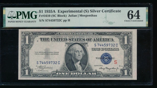 AC 1935A $1 Silver Certificate "S" Experimental PMG 64 Fr 1610
