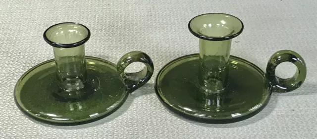 2 Vintage Green Blown Glass Candle Holders with Handles