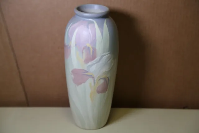 Weller Pottery Vase Lilly Iris Pinks Whites Pale Blue Handpainted  1920s Art 