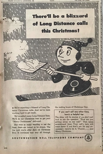 1948 newspaper ad for Southwestern Bell - Phone "man" shovels snow in blizzard