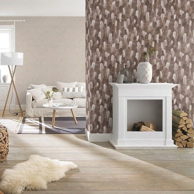 Rasch Feature Brown White Bird Feather Textured  Vinyl Paste The Wall Wallpaper