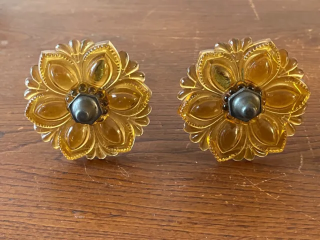Antique vintage lot of 2 amber yellow  glass flower 3" curtain drapery tie backs