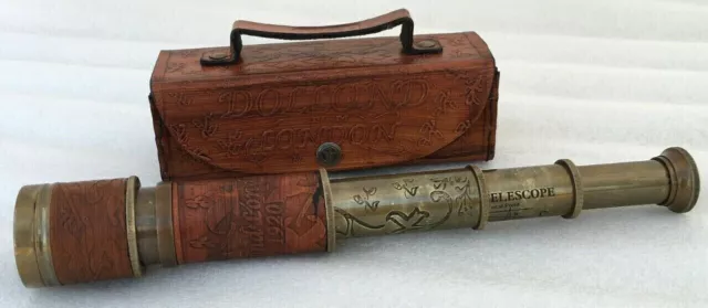 Vintage Brass Telescope 16"Pirate Spyglass Scope Leather With Box DOLLOND LONDON