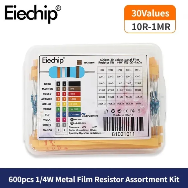 600pcs Resistors Assortment Kit 30Values 10R-1M 1/4W 1% Metal Film Set Pack