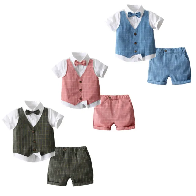 Baby Boys Gentleman Outfits Suit Top+Shorts+Bow Tie Set Toddler Formal Clothes