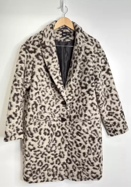 ASOS Wool Overcoat Womens Size 10 Leopard Print Two Button Black/Cream