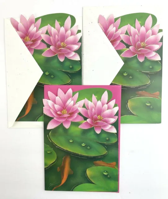 Greeting Card Lot of 3 Blank Cards Pink Lotus Blossoms Lucky Koi Fish