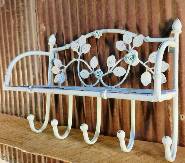 Vintage Retro Cast Iron Metal Shelf Hook Rack, Rose Petals, Coat Rack, Hat Rack 3