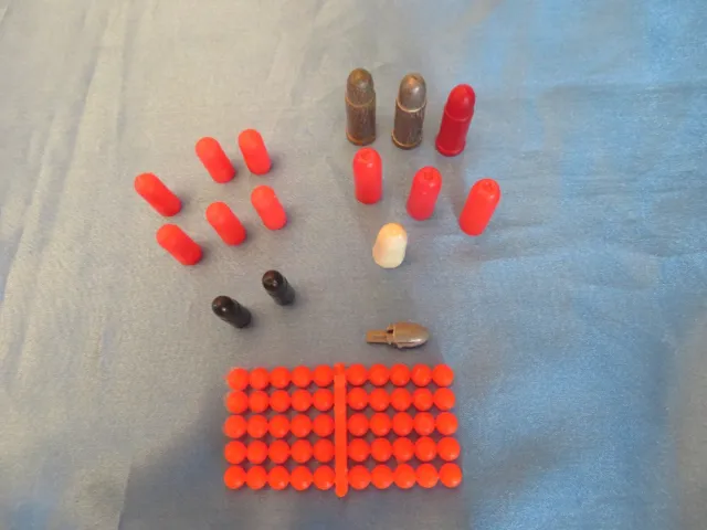 5 Mid-century RED Wooden Toy Bullets, Set Lot, 1950s Wood, Gun Ammunition