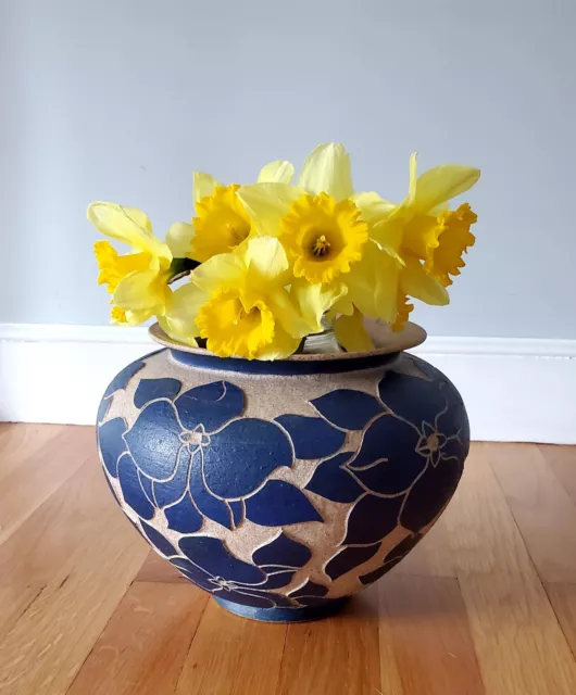 Retro / Vintage Pottery /Vase Signed Carved Blue Flowers & Cream  Background