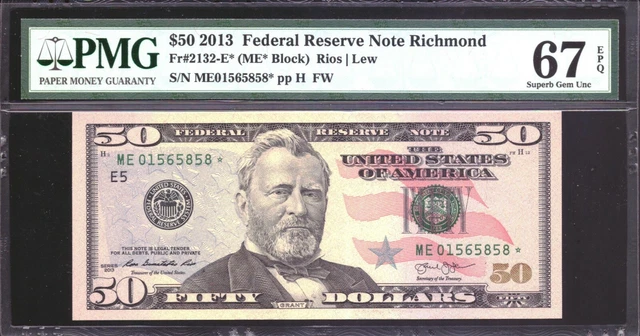 Fr#2132-E* $50 2013 Federal Reserve Star Note Richmond  Pmg 67Epq Superb Gem Unc