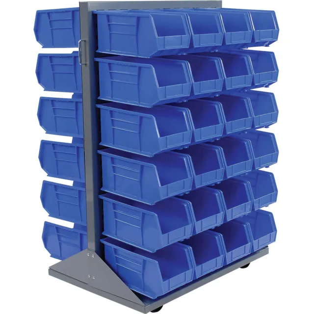 Double-Sided Mobile Rack with (48) Blue Bins 36x25-1/2x55