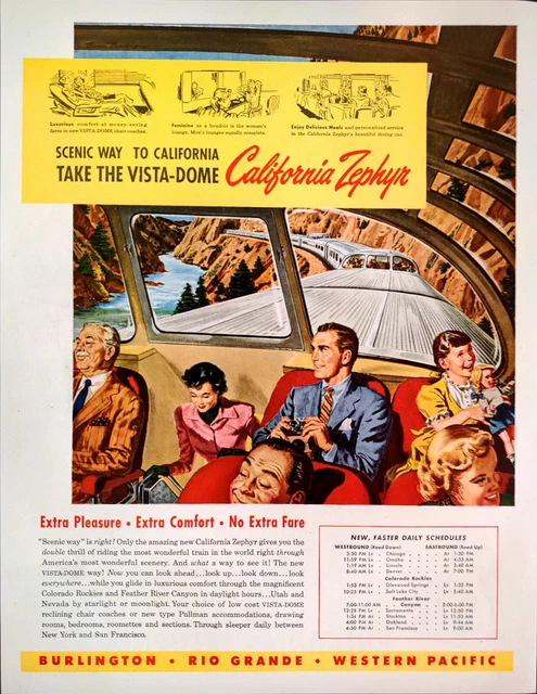 1949 California Zephyr Railroad California-Chicago Family Vacation Art Print Ad
