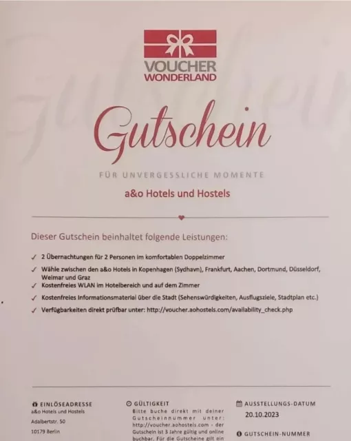 a&o Hostel 3Tage Hotelgutschein München Graz Dortmund Voucher Hotel Doppelzimmer