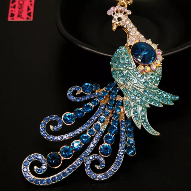 Betsey Johnson Rhinestone Peacock Blue Crystal Pendant Chain Necklace Gift