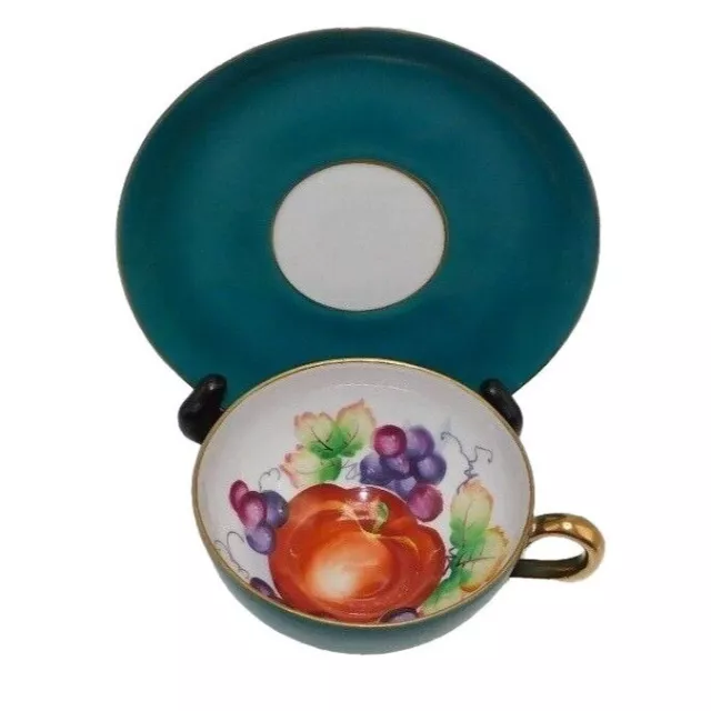 Ucagco China Handpainted Green with Gold and Fruit Tea Cup and Saucer, Japan