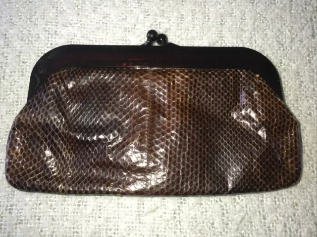 Vintage Leather / Snakeskin Clutch Bag /Purse Make up 50’s Lucite top Clasp