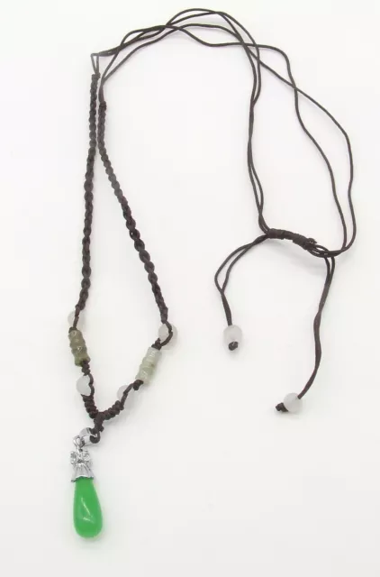 25" NWOT Green Moss Jade & Crystal 18K White Gold Plated Pendant Cord Necklace