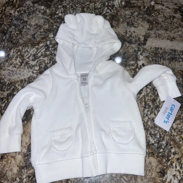 NWT- Carter's Baby Girl or Boy, White,Terry Cotton Size 3 Months Jacket Hooded