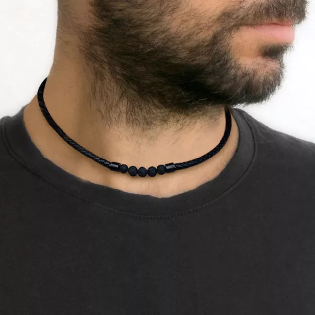Man Lava Stone Necklace Choker Collar Braided Leather Rope Hobo Happie Jewelry