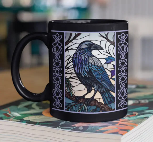 Stained glass Raven 11 oz black coffee cup / Forestcore Crow art latte mug