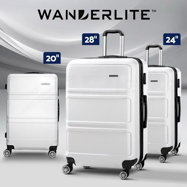 Wanderlite 3pc Luggage Trolley Set Suitcase Travel TSA Carry On Hard Case White